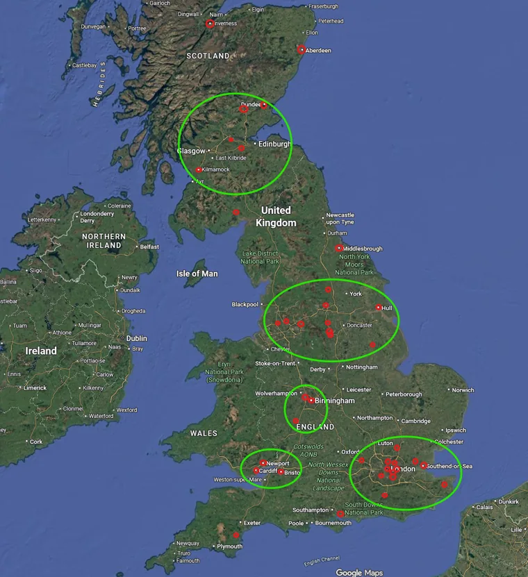 Map of the United Kingdom from our Lloyds Banking Group portfolio scan, showing branch locations grouped into regional clusters around Glasgow and Edinburgh, Manchester and Leeds, Birmingham, Cardiff and Bristol, and London.